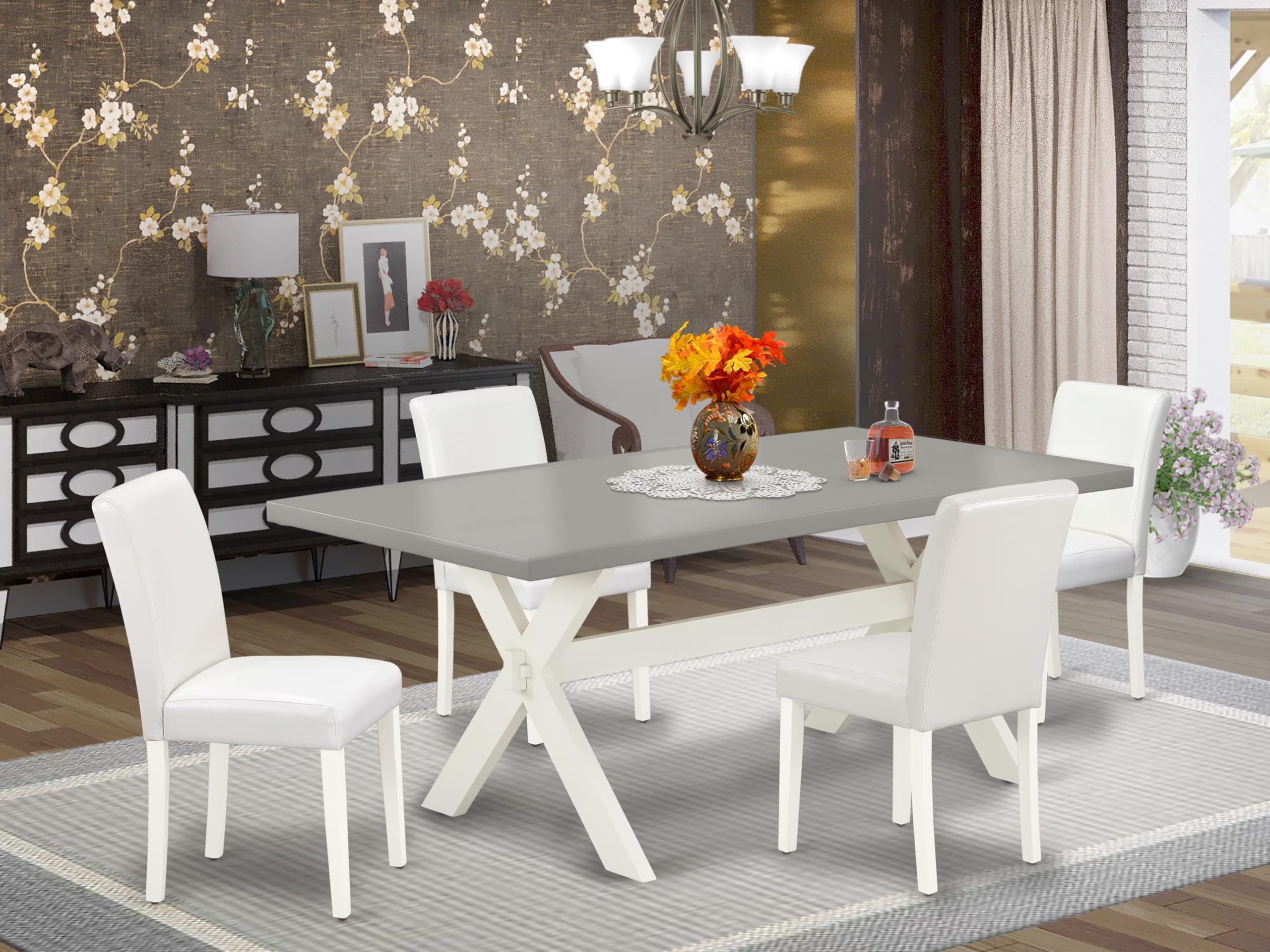 East West Furniture X097Ab264-5 5 Piece Dining Room Furniture Set Includes A Rectangle Dining Table With X-Legs And 4 White Faux Leather Upholstered Chairs, 40X72 Inch, Multi-Color